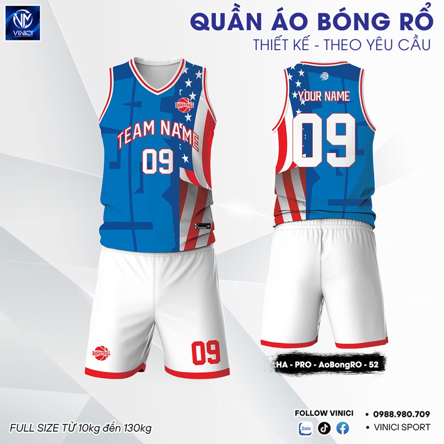 Quần Áo Bóng Rổ Thiết Kế Xanh Dương USA Style - Tùy Chỉnh Tên Số và Logo