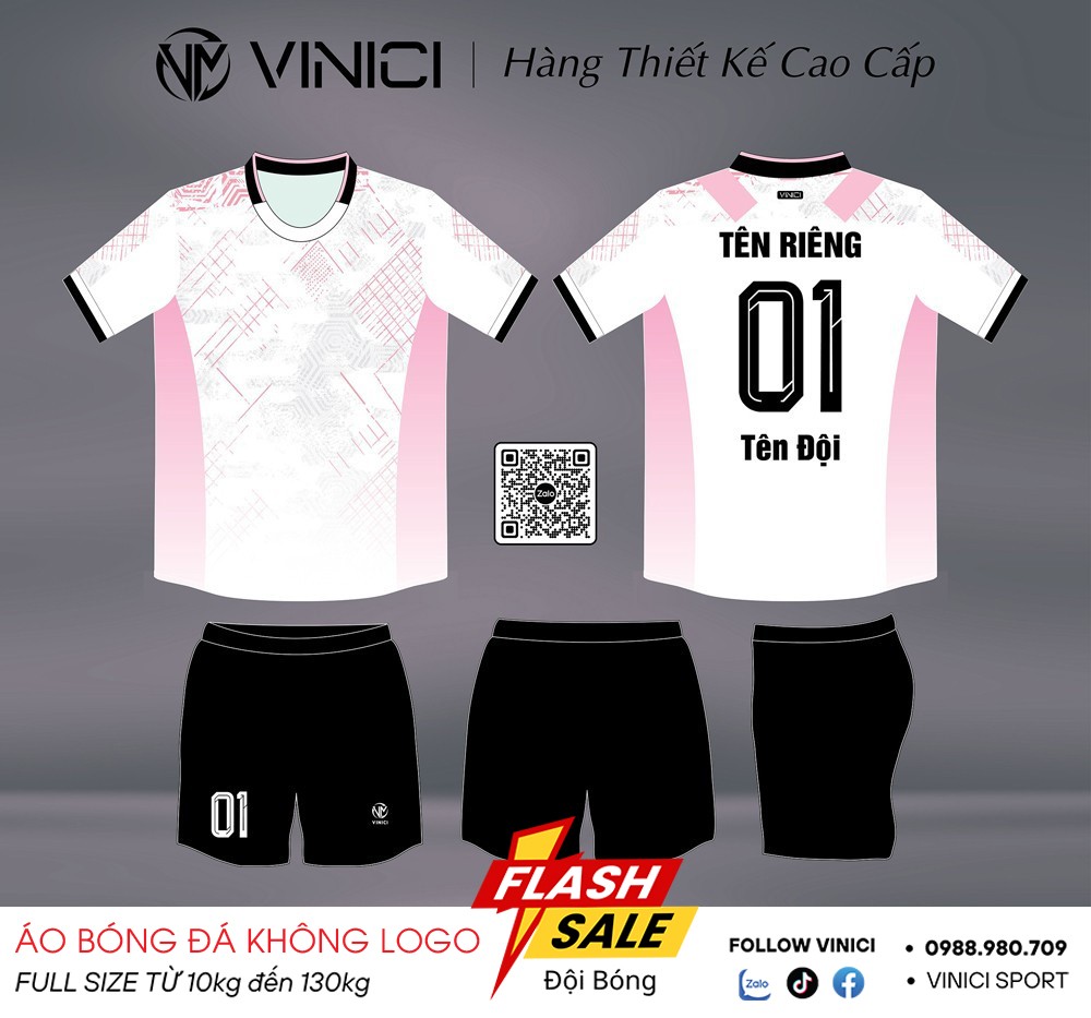 Áo bóng đá không logo VINICI BD08001 – Trắng phối hồng pastel