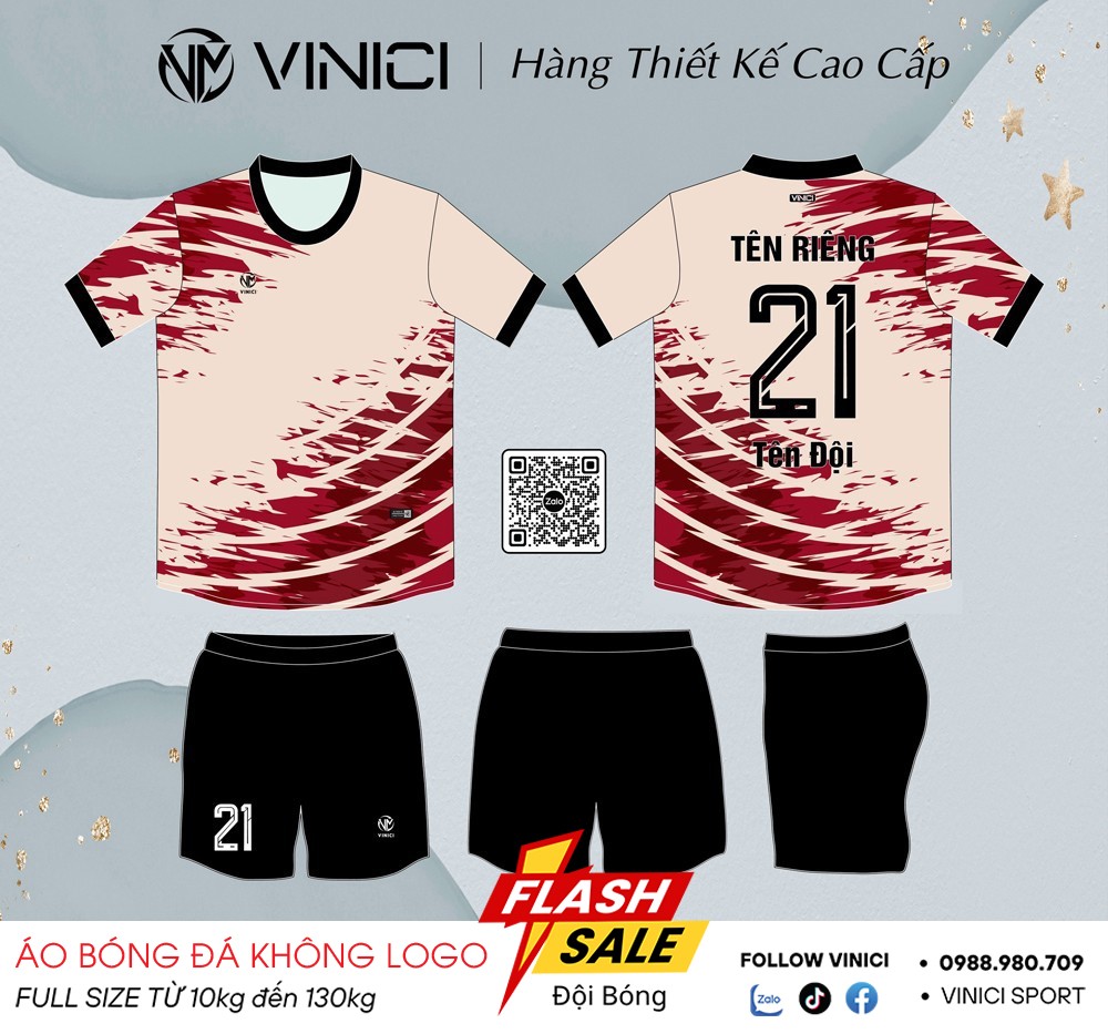 Áo Bóng Đá Không Logo VINICI – Kem Nhạt Phối Đỏ Đô BD08016