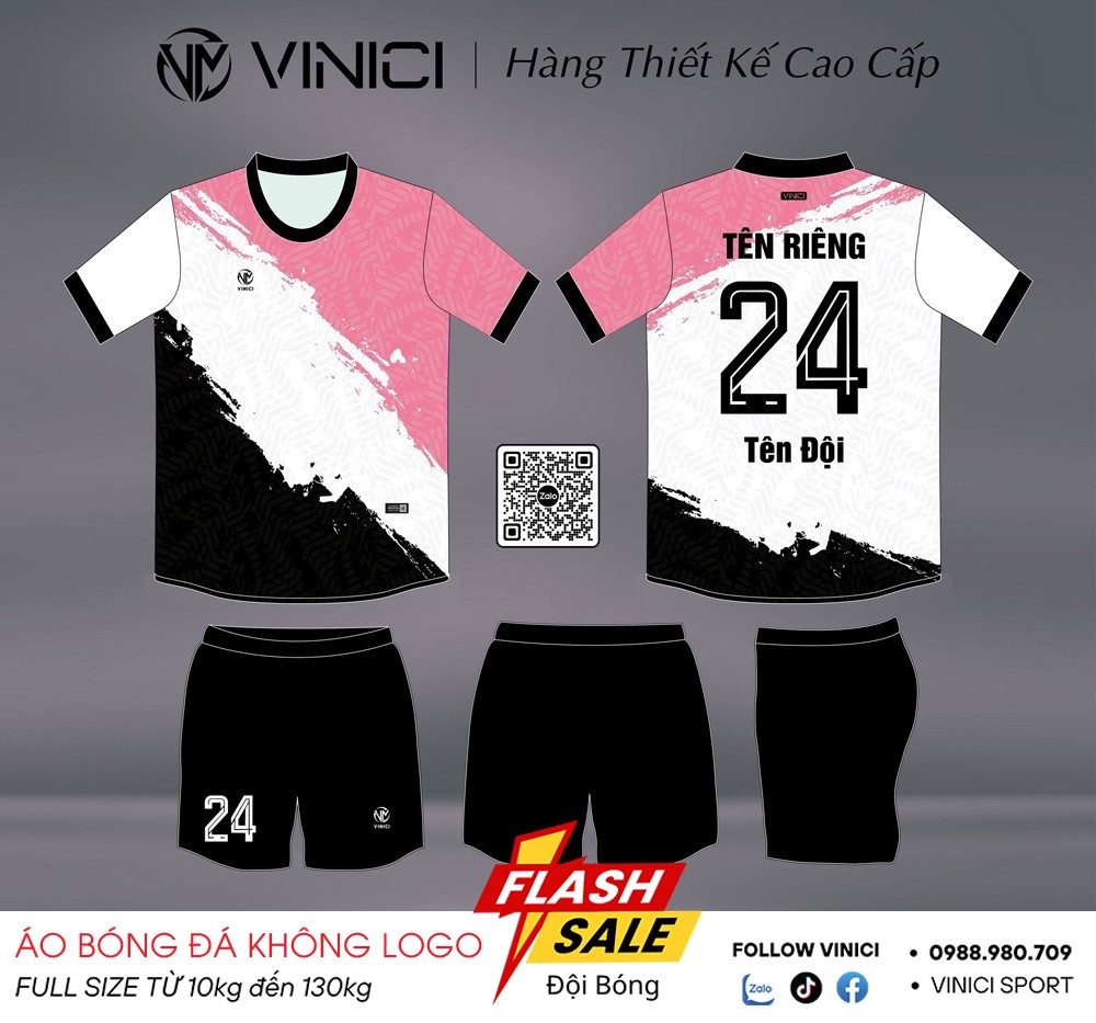 Áo bóng đá không logo BD08018 hồng pastel trắng đen