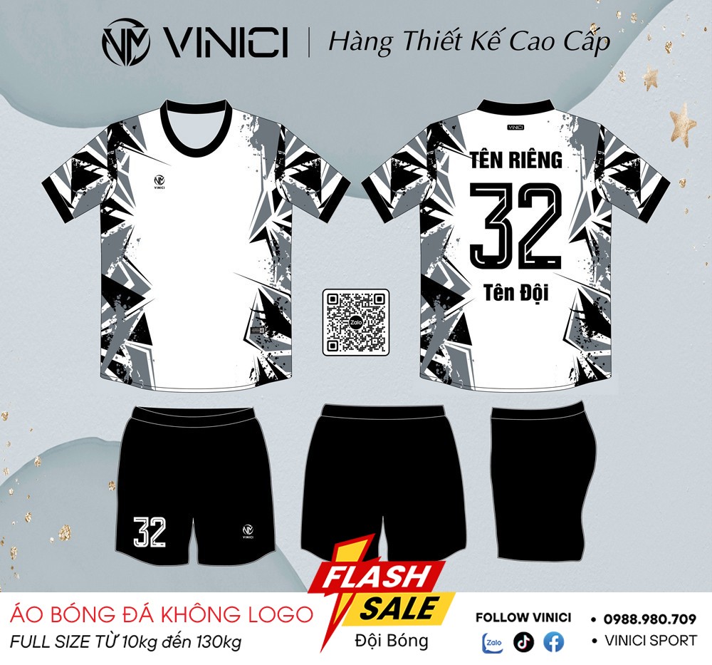 Áo bóng đá không logo VINICI BD08035 – Trắng phối đen xám thời thượng