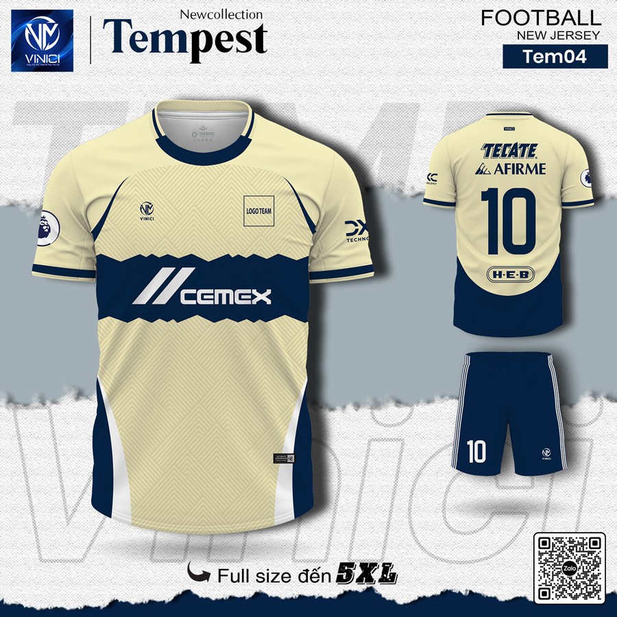 Áo bóng đá Tempest Tem04 màu kem phối navy tinh tế, thể thao, vải thoáng khí DX TECHPRO
