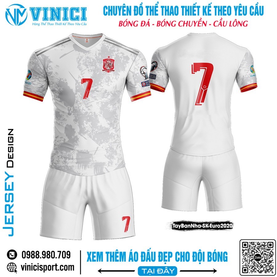 Áo thi đấu Tây Ban Nha Euro 2020 màu trắng với họa tiết camouflage xám và điểm nhấn đỏ