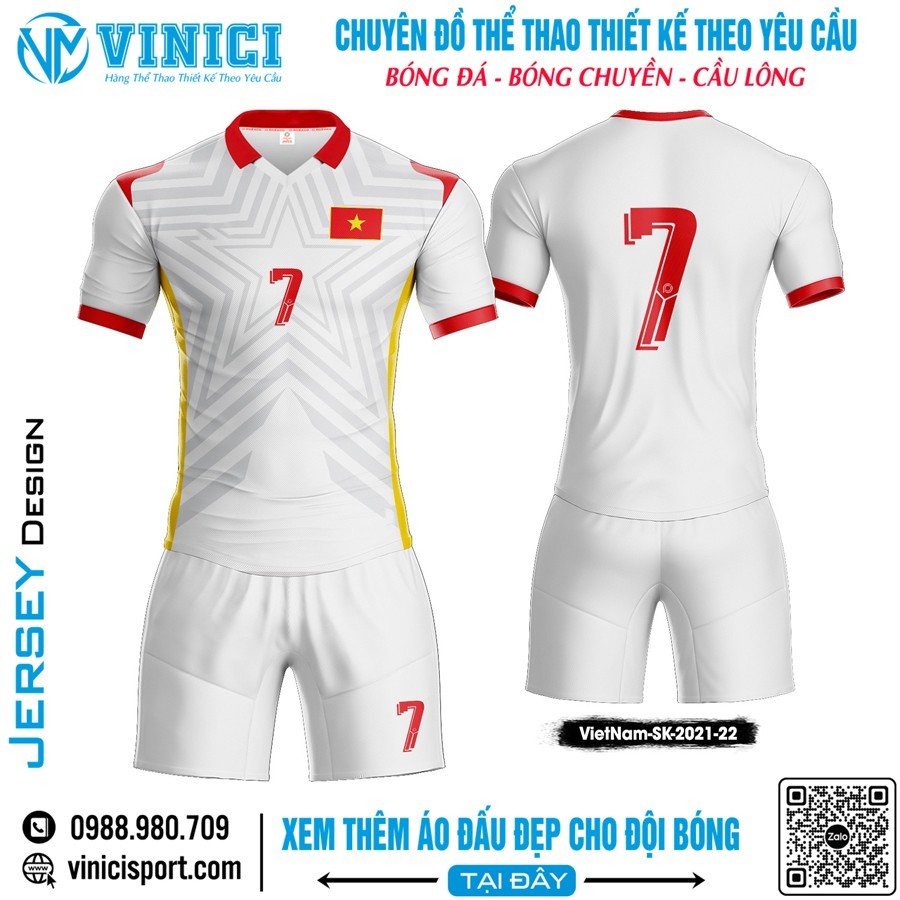 Áo đấu thể thao Việt Nam SK 2021-22 màu trắng kèm họa tiết sao và viền đỏ vàng