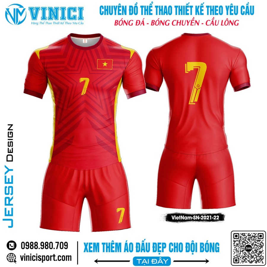 Áo đấu Việt Nam SN 2021-22 màu đỏ tươi với họa tiết ngôi sao vàng