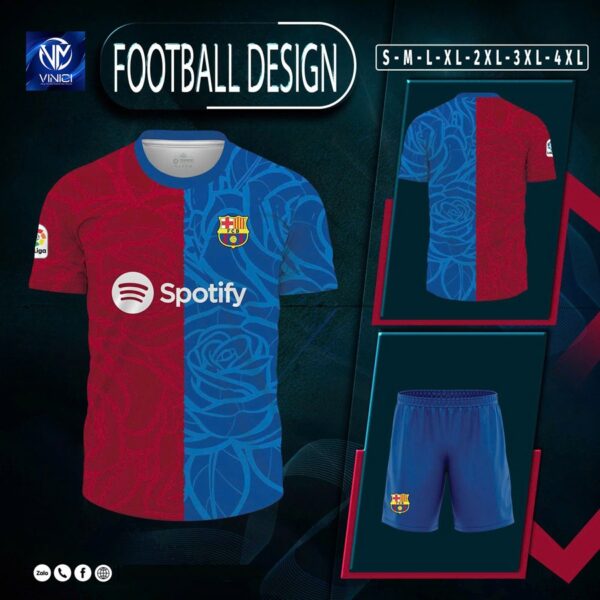 Áo CLB Barcelona đỏ bordeaux xanh dương đậm họa tiết hoa hồng