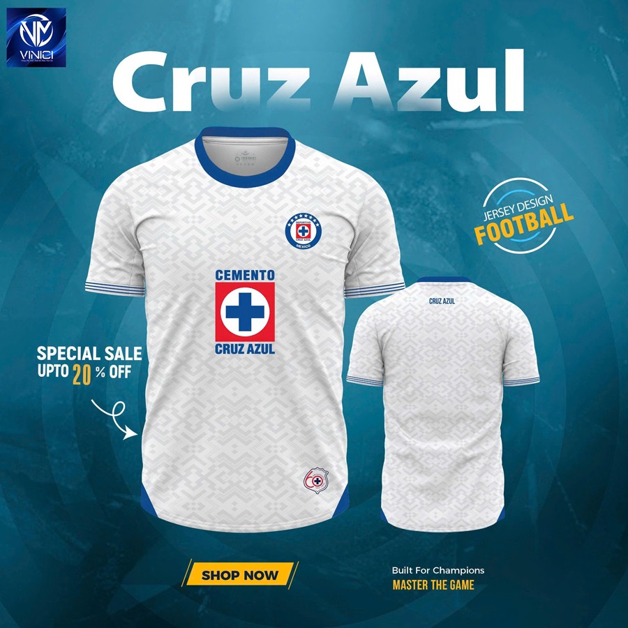 Áo đấu bóng đá Cruz Azul trắng tuyết, viền xanh dương royal blue