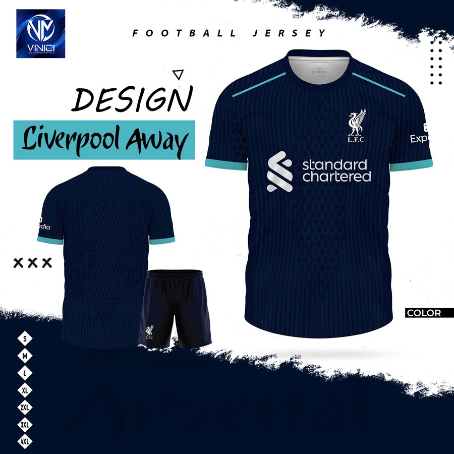 Áo Liverpool Away sắc xanh navy phối xanh ngọc với logo in trắng nổi bật