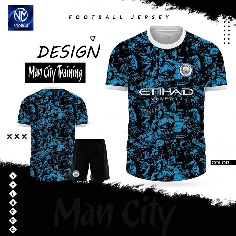 Áo bóng đá Man City Training màu đen xanh neon graphic hiện đại