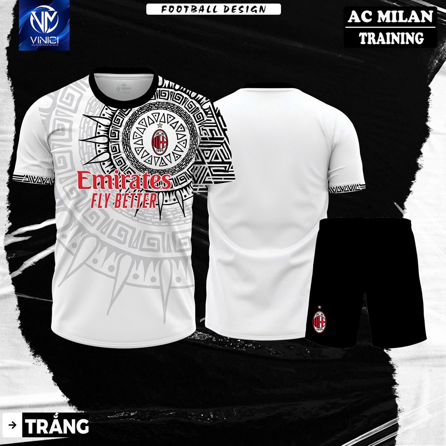 Áo training AC Milan trắng đen họa tiết tribal - logo Emirates đỏ