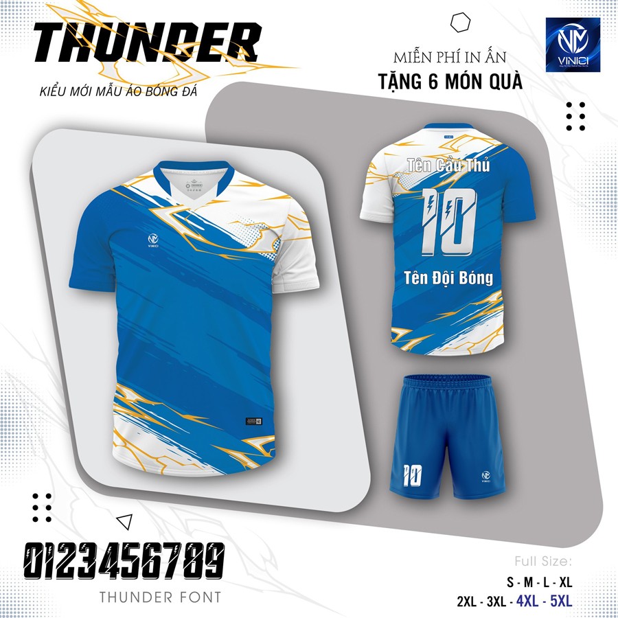 Áo bóng đá Thunder màu xanh dương không logo với họa tiết ánh sét nổi bật