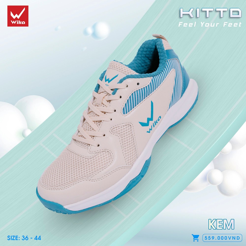 Giày cầu lông Wika Kitto màu kem phối xanh dương trẻ trung, năng động
