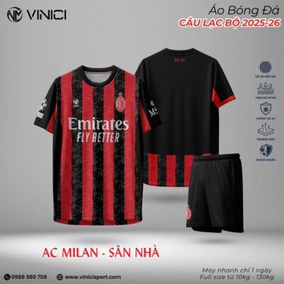 Áo bóng đá AC Milan sân nhà 2025–2026 đỏ đen – Vinici chính hãng