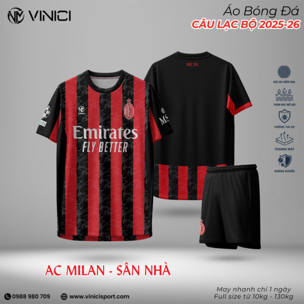 Áo bóng đá AC Milan sân nhà 2025–2026 đỏ đen - Vinici chính hãng