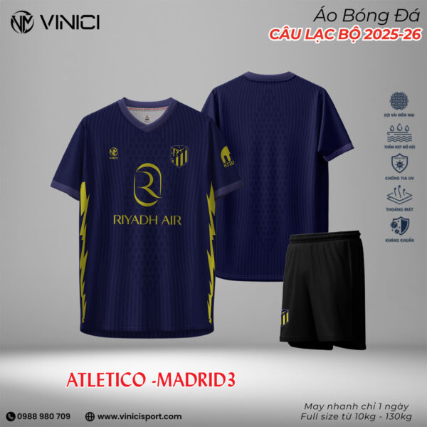 Áo bóng đá Atletico Madrid 2025/26 – Xanh tím than đậm nổi bật cùng họa tiết sấm sét vàng neon