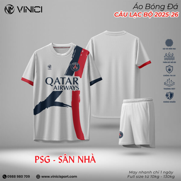 Áo bóng đá PSG 2025-2026 sân nhà - Trắng tinh khôi, phối màu xanh navy & đỏ đô