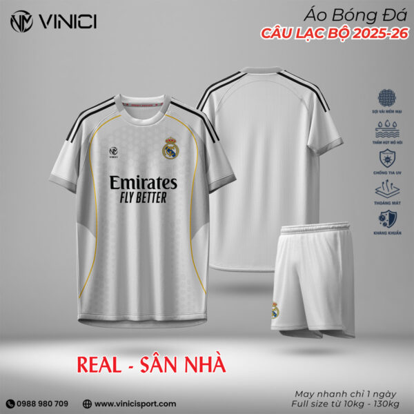 Áo Đấu Real Madrid Sân Nhà 2025-2026 Trắng Bạc - Vinici
