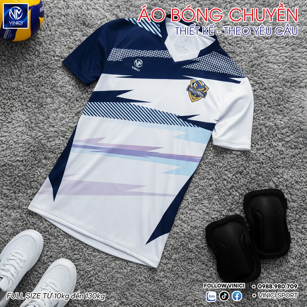 Áo bóng chuyền thiết kế theo yêu cầu màu trắng phối xanh navy - mã BC02-VNC068-38