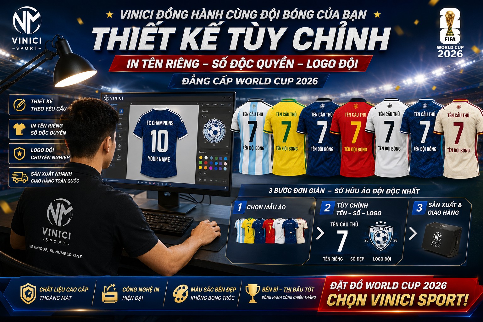 Thiết kế áo bóng đá in tên số theo yêu cầu