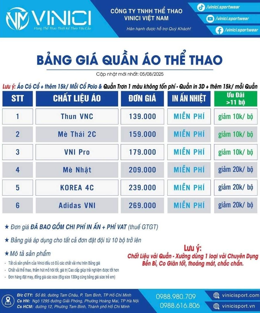 Bảng giá quần áo thể thao thiết kế theo chất liệu Vinici Sport