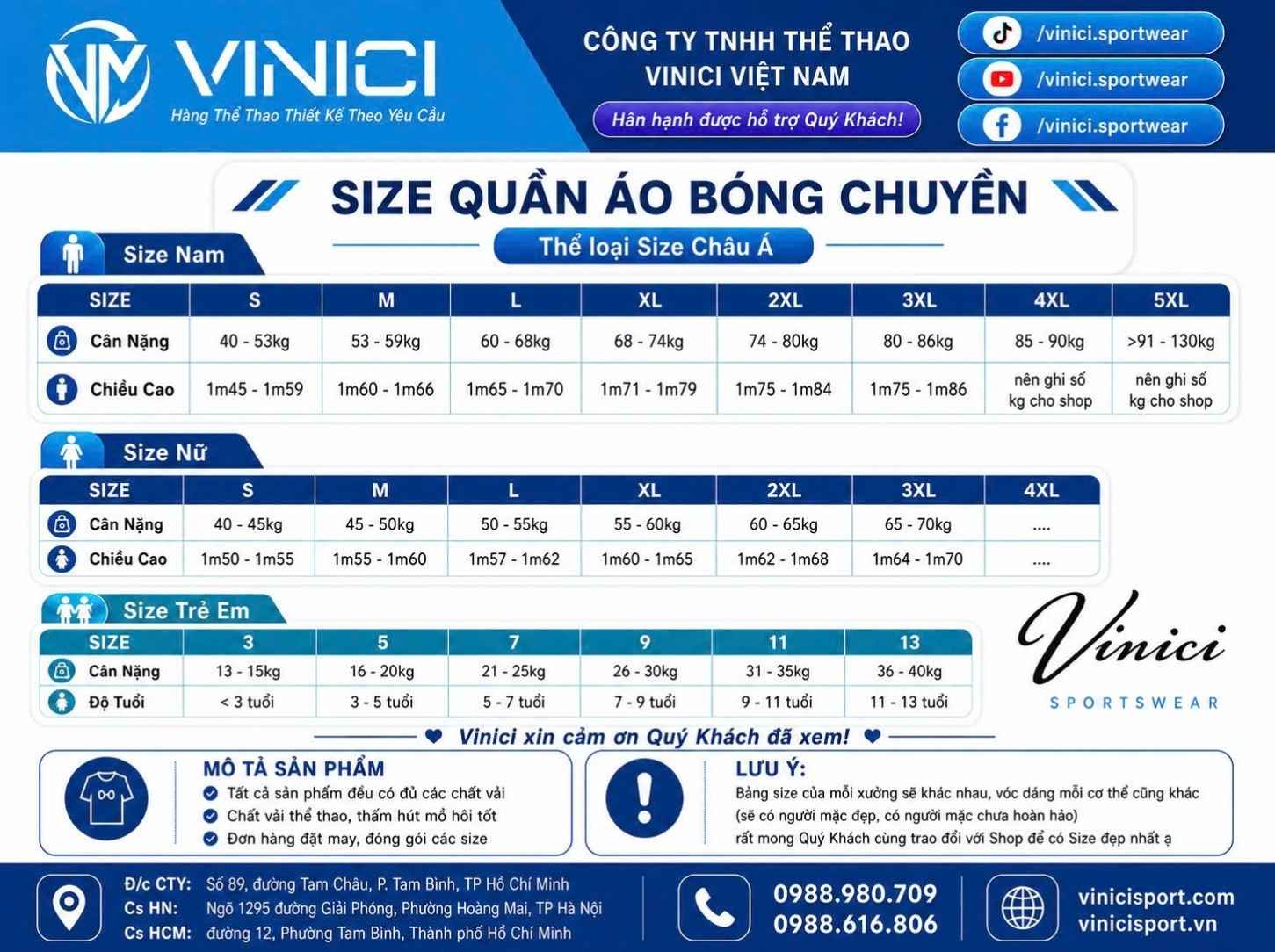 Bảng size áo bóng chuyền Vinici Sport