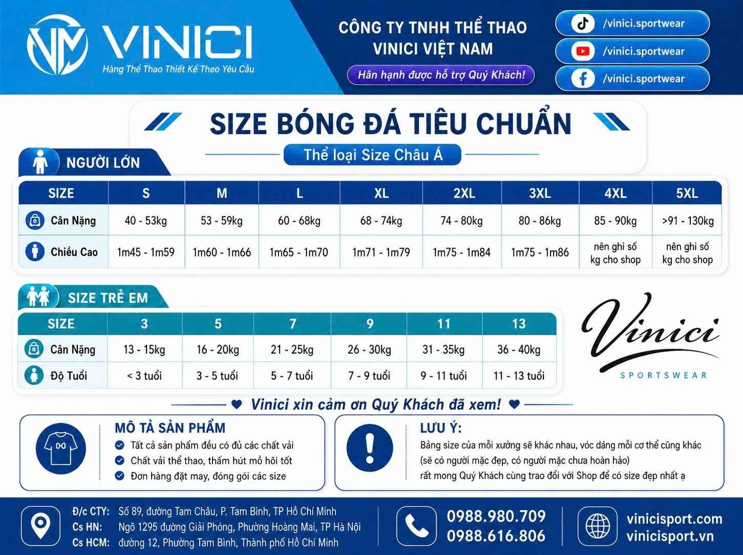 Bảng size áo bóng đá Vinici Sport