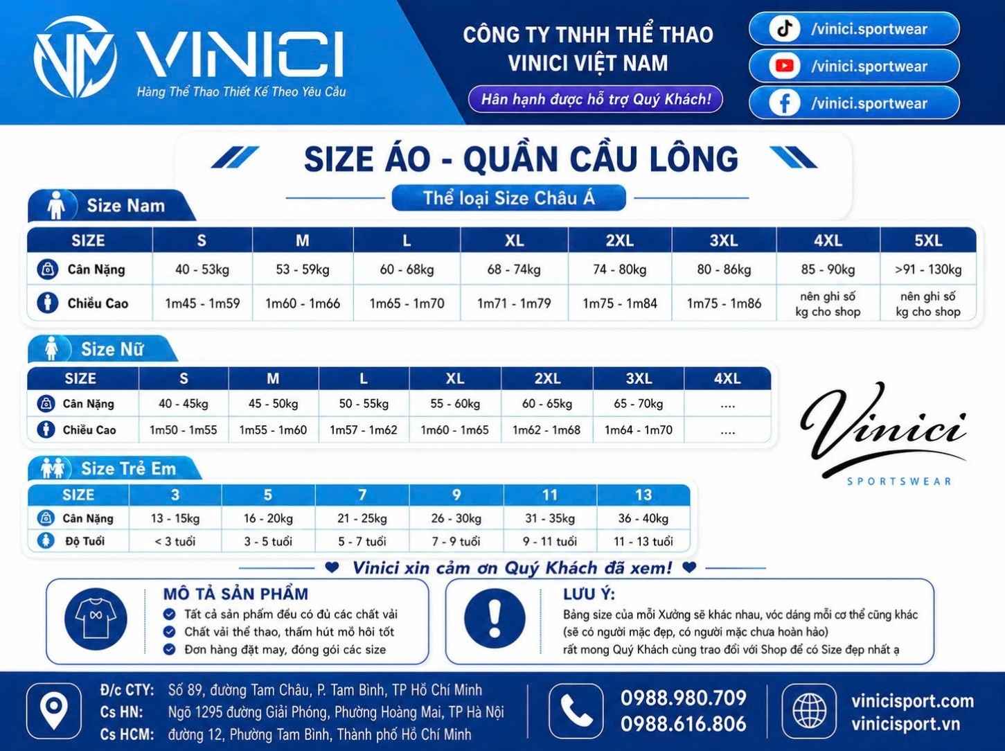 Bảng size áo cầu lông Vinici Sport