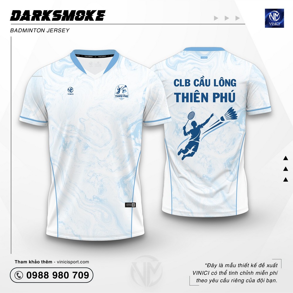 Áo Cầu Lông Thiết Kế VINICI Darksmoke trắng xanh nhạt
