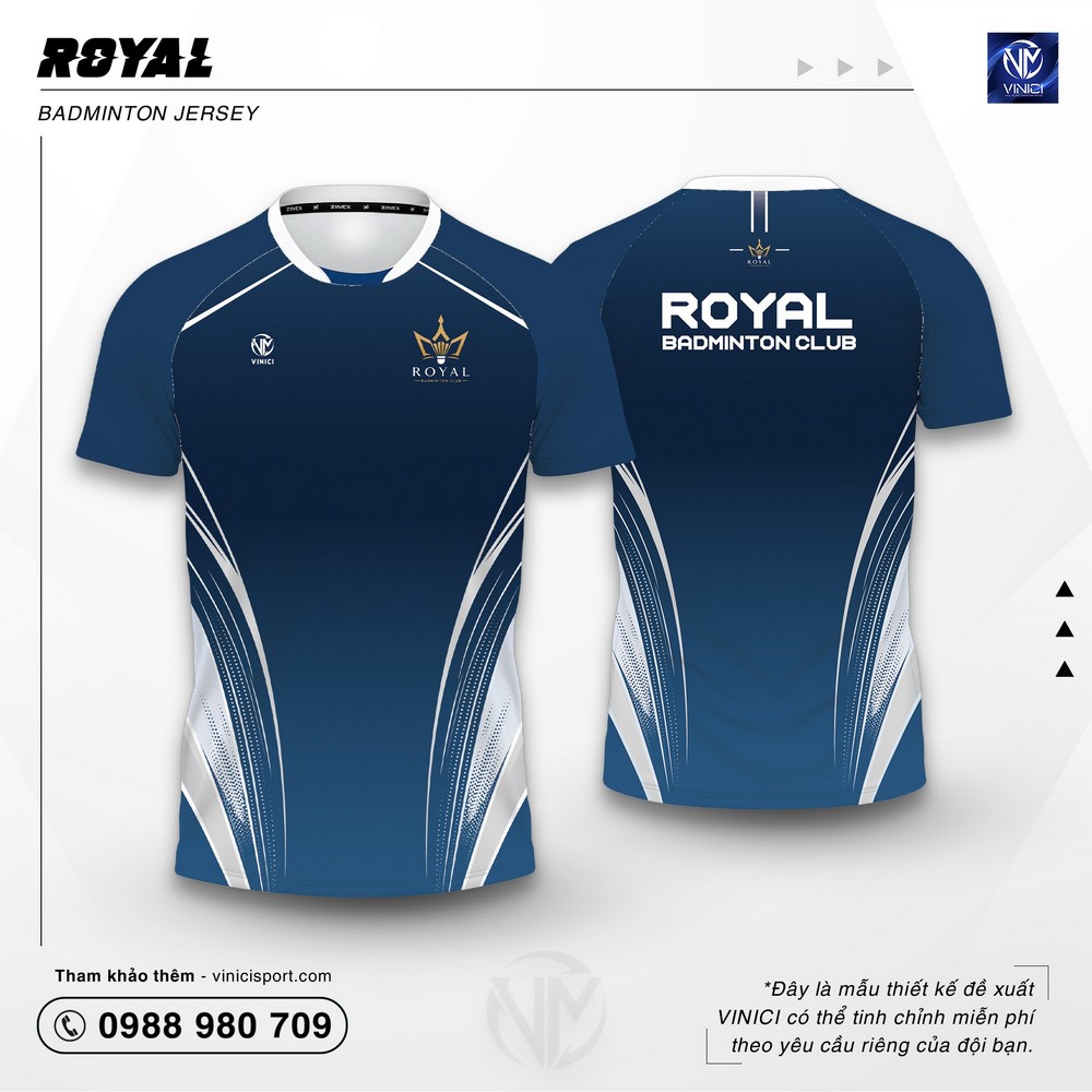 Áo cầu lông thiết kế vinici royal xanh navy phối trắng