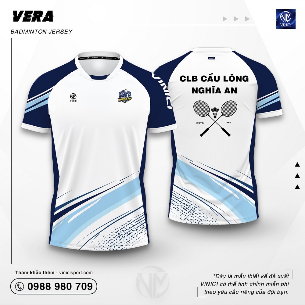 Áo Cầu Lông Thiết Kế VINICI Vera trắng navy xanh nhạt
