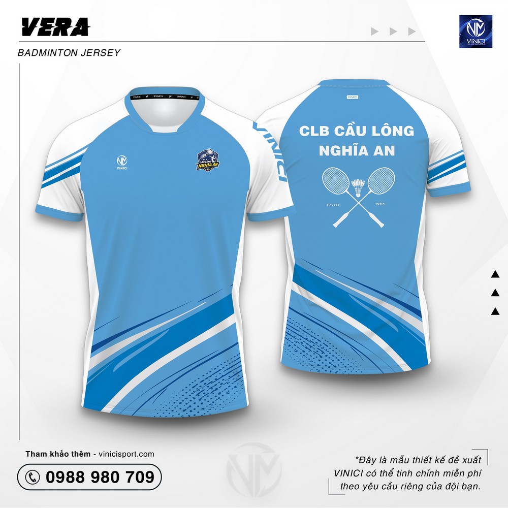 Áo cầu lông Vera xanh da trời trắng tại Vinici Sport