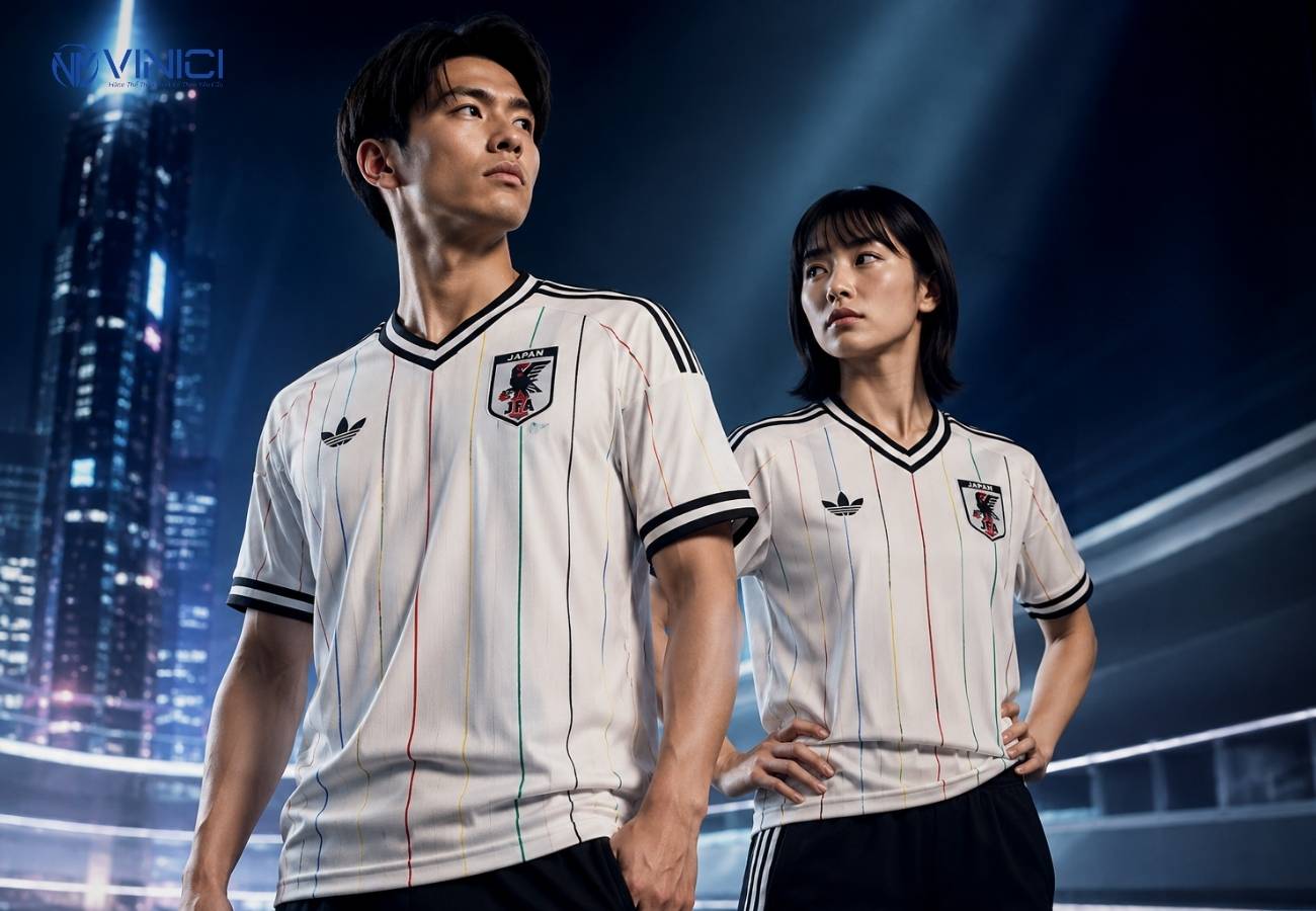 Áo sân khách Nhật Bản World Cup 2026 – trắng kem và sọc cầu vồng tinh tế