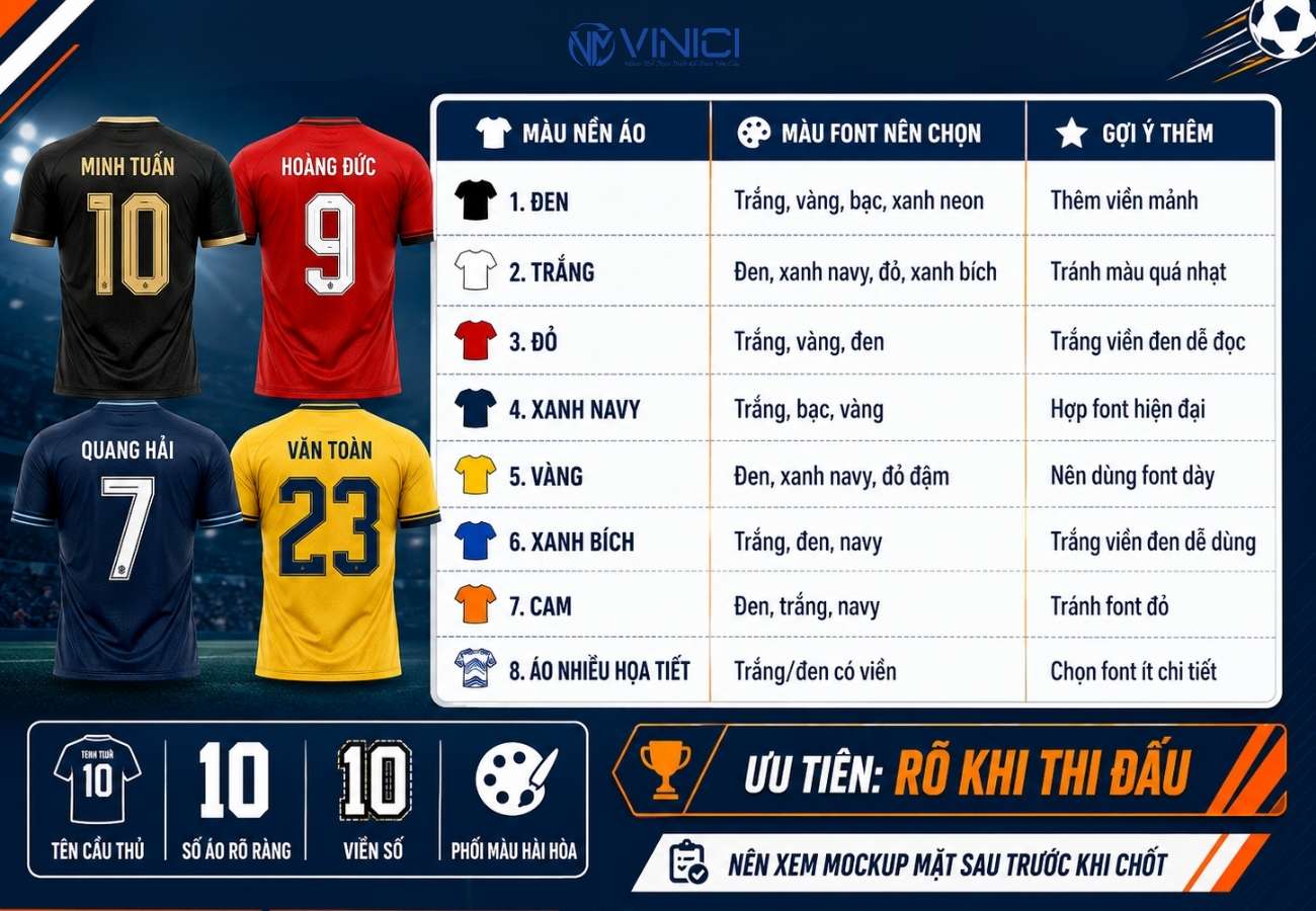 Chọn font số áo bóng đá đẹp theo màu áo