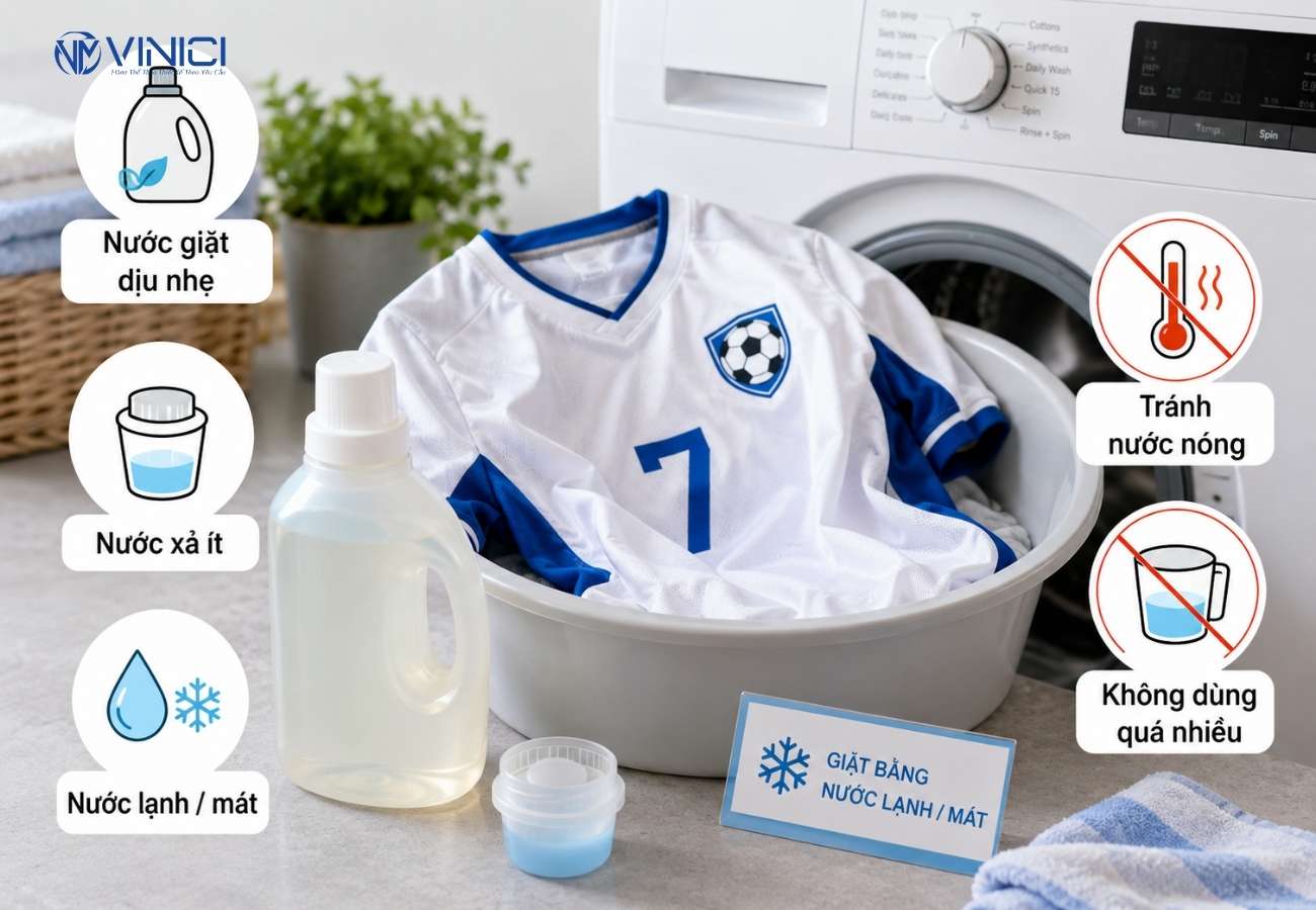 Nước giặt, nước xả và nhiệt độ nên dùng khi giặt áo bóng đá