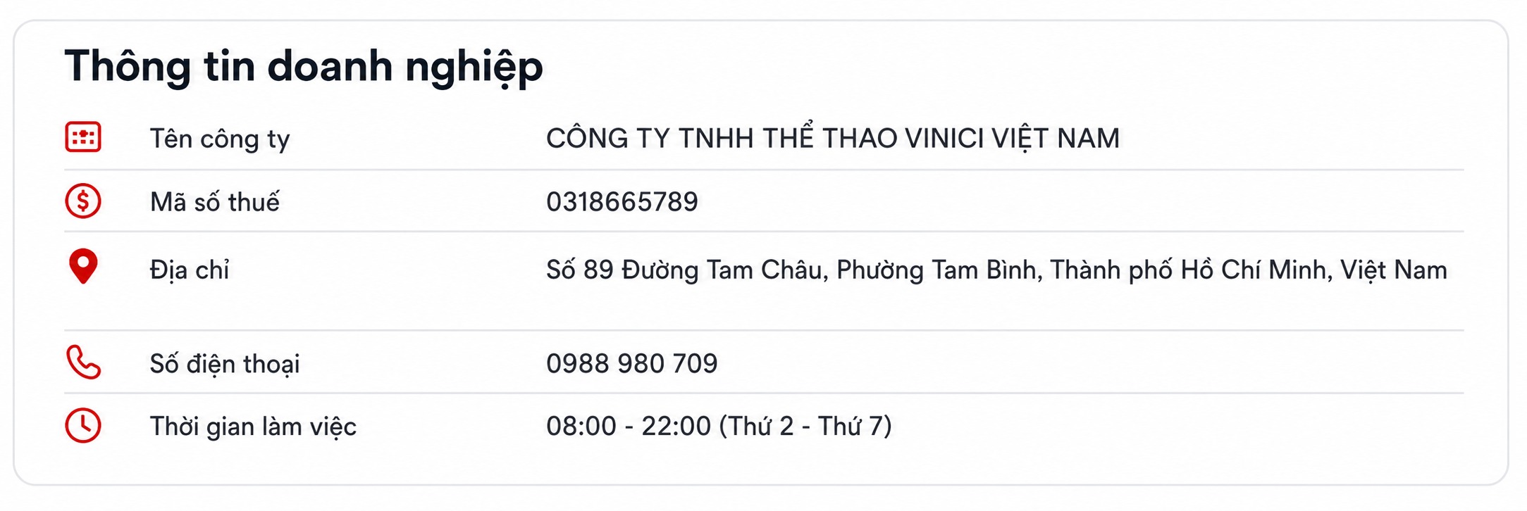 thông tin doanh nghiệp vinici sport