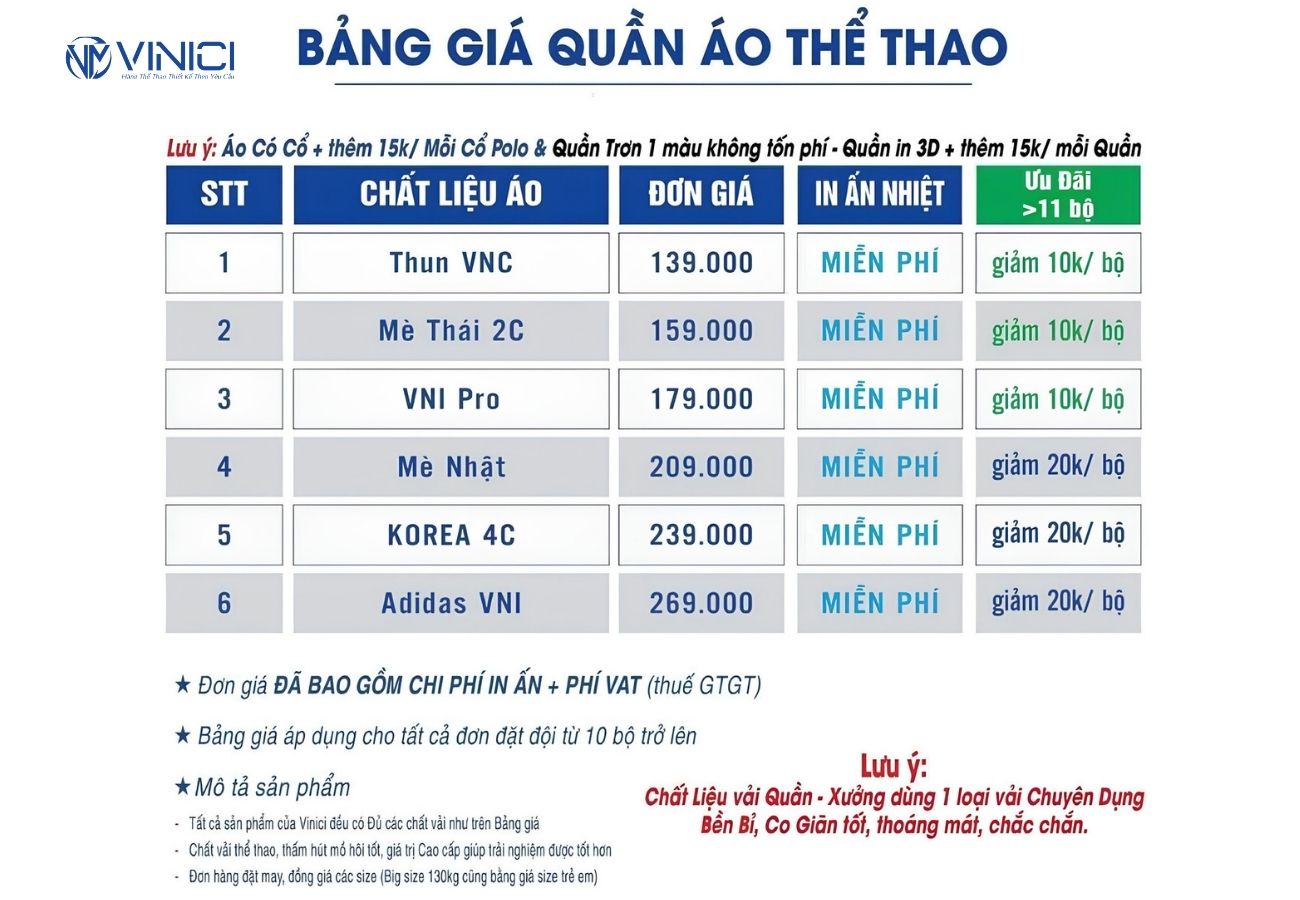 Bảng giá áo thể thao thiết kế 2026