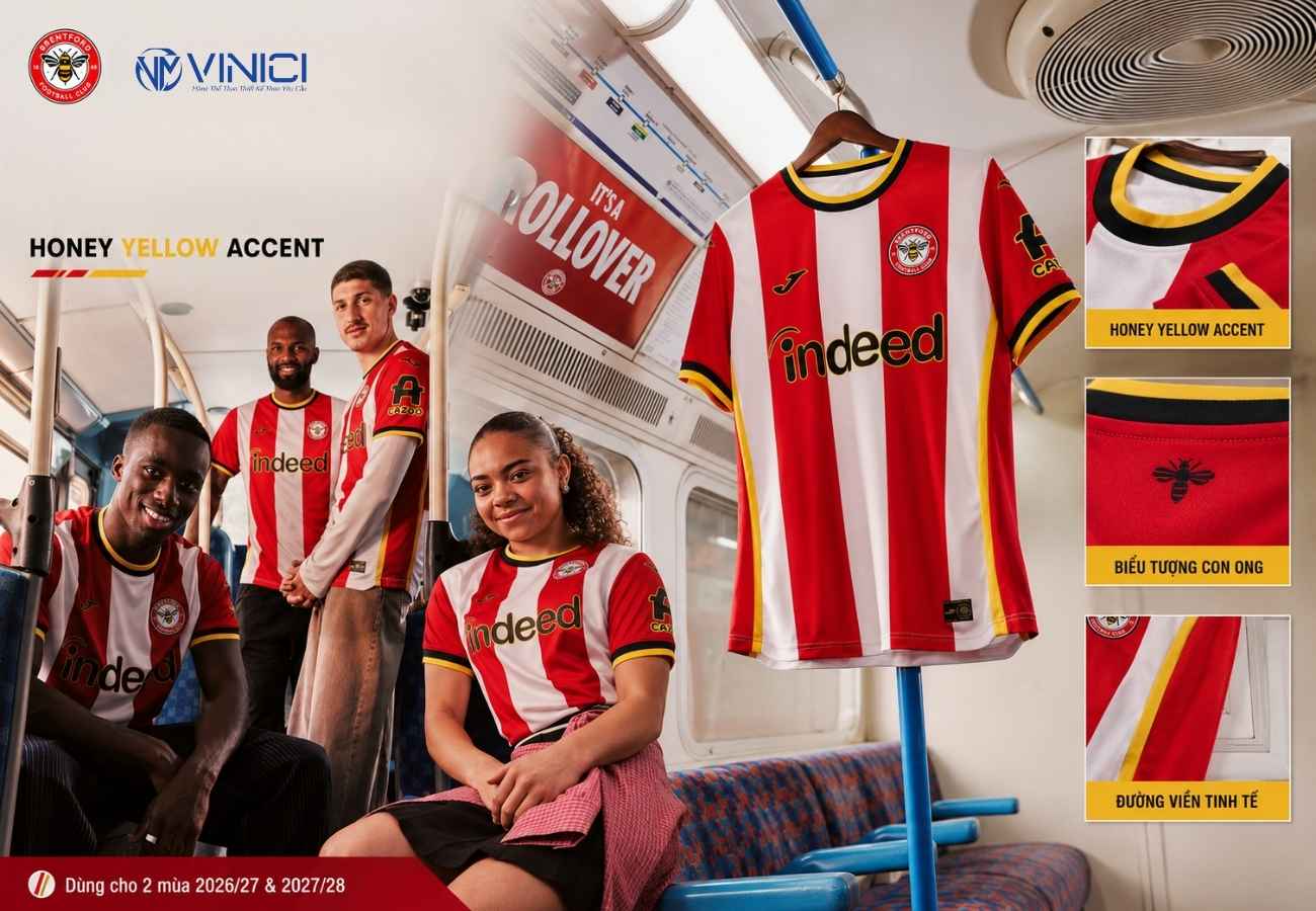 Áo bóng đá Brentford 2026_27 – sọc truyền thống kết hợp màu “honey yellow”