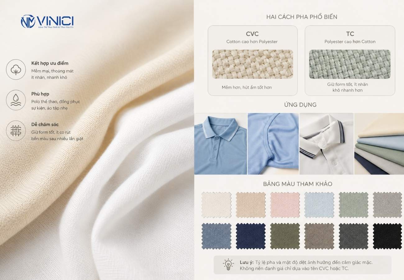 Cotton–polyester kết hợp cảm giác mềm của cotton với khả năng giữ form, ít nhăn và khô nhanh hơn của polyester