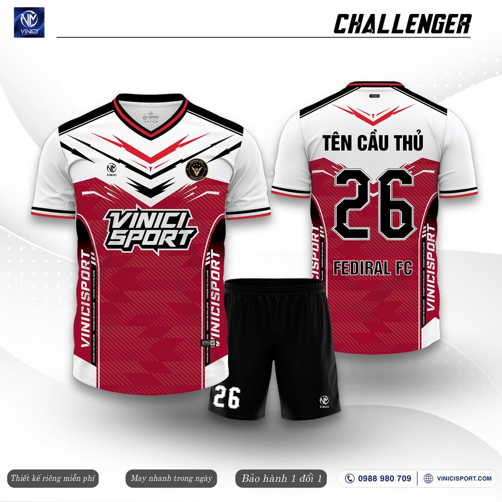 Áo bóng đá thiết kế Challenger màu đỏ đô phối trắng đen