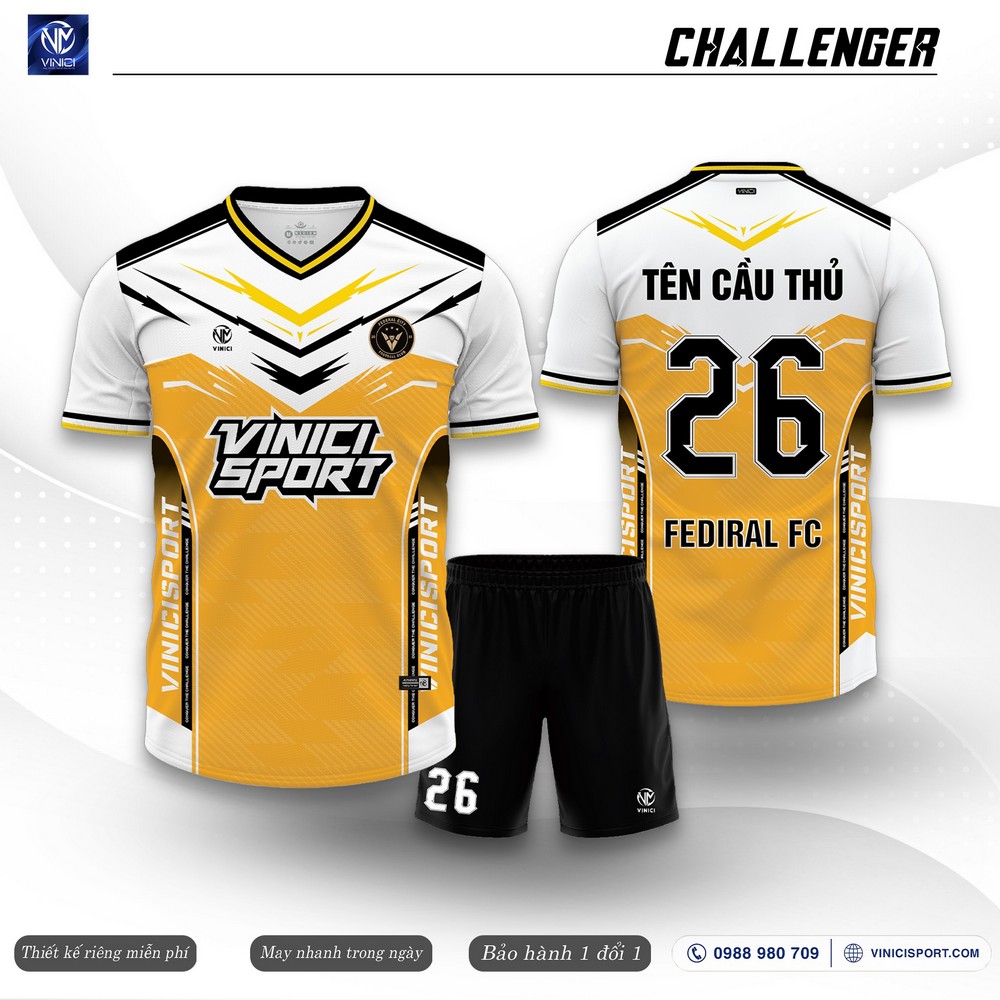 Áo đá bóng Challenger màu vàng in tên số theo yêu cầu