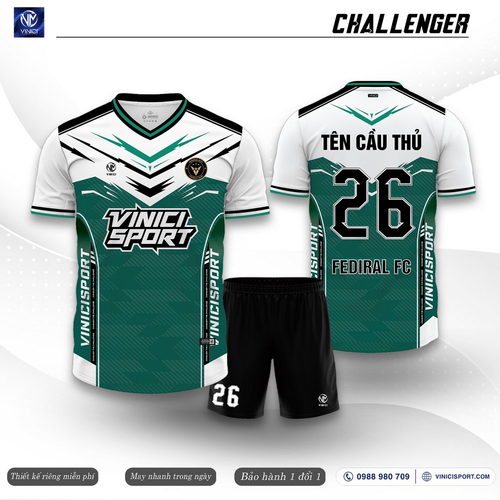 Áo bóng đá thiết kế Challenger xanh ve chai mặt trước và sau