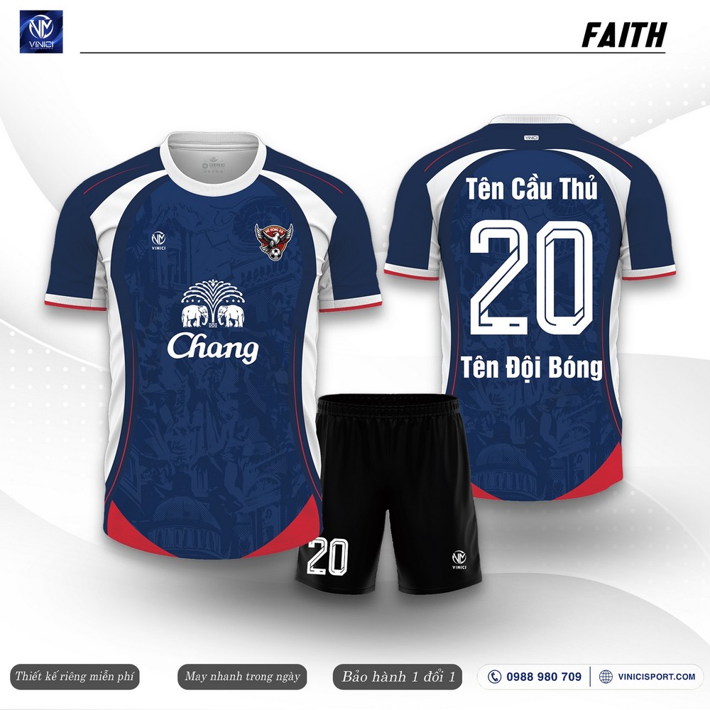 Mẫu áo bóng đá Faith xanh navy phối đỏ mặt trước và sau