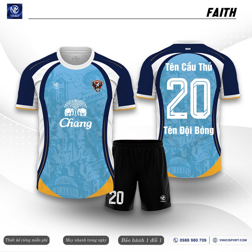 Áo đá bóng thiết kế Faith xanh da trời phối navy