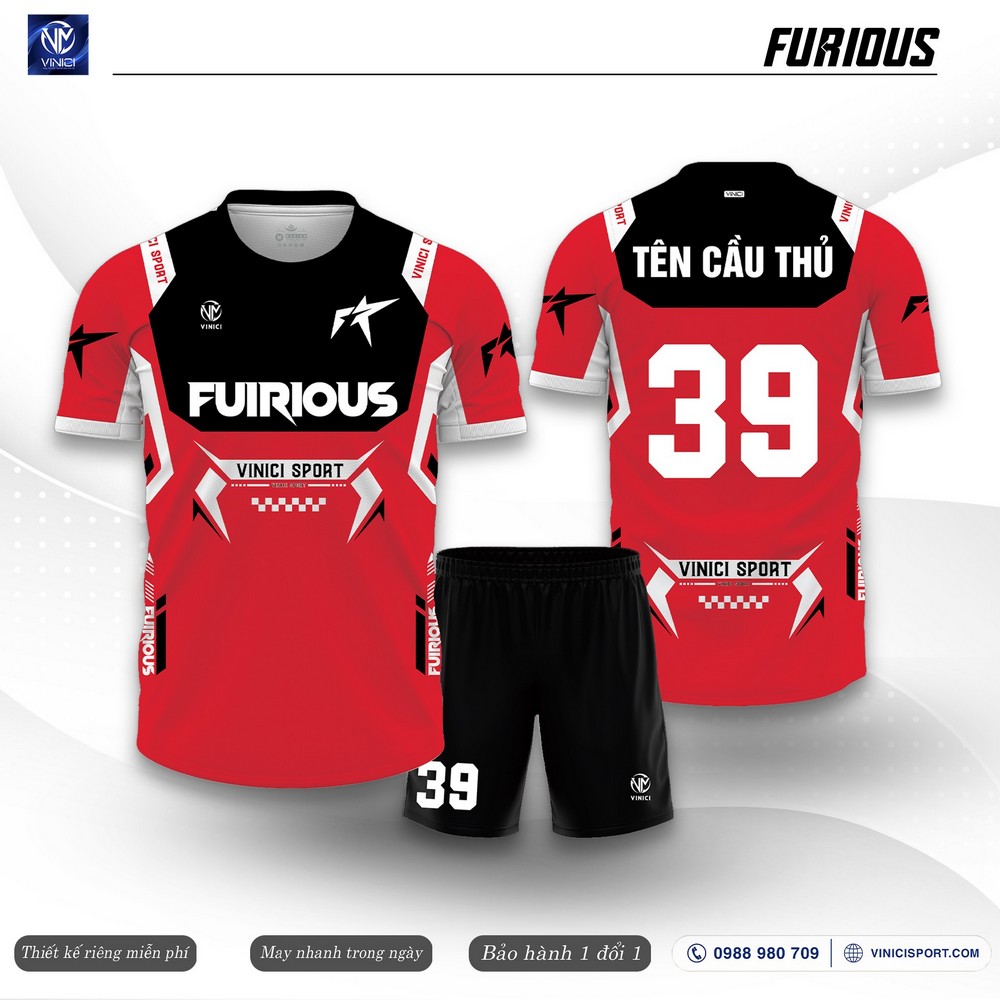 Mẫu áo bóng đá Furious màu đỏ đen in tên số theo yêu cầu