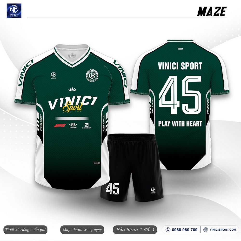 mẫu áo bóng đá Maze xanh ve chai phối trắng