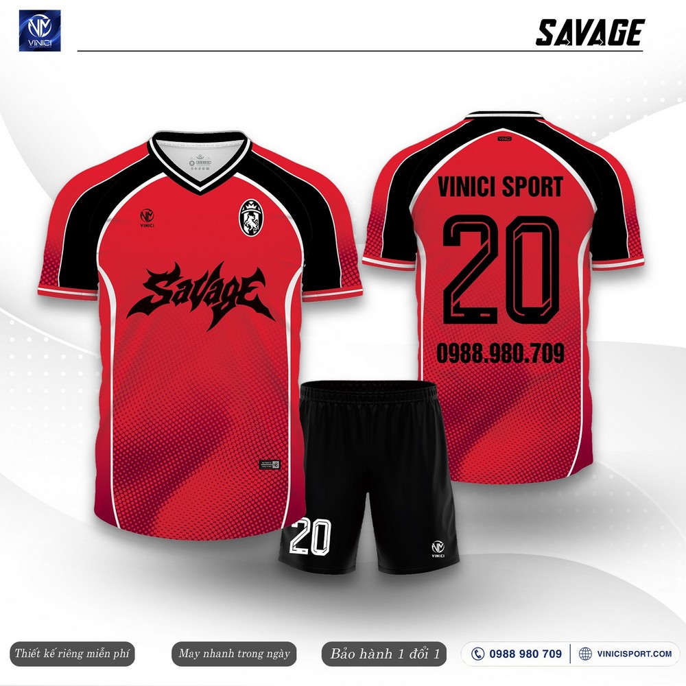 áo bóng đá thiết kế Savage màu đỏ đen phối vai raglan