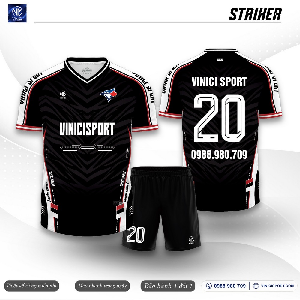 Mẫu áo bóng đá Striker màu đen phối trắng đỏ