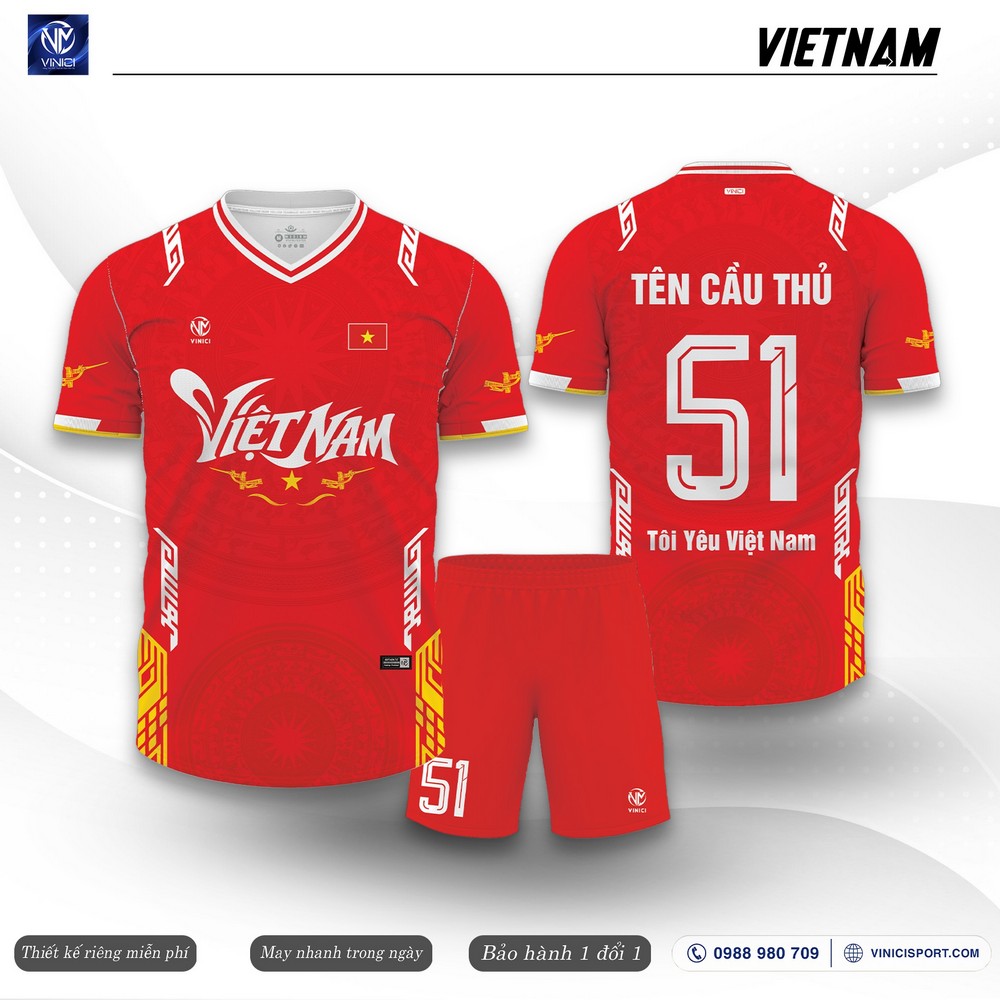 Áo bóng đá thiết kế Vietnam màu đỏ họa tiết trống đồng
