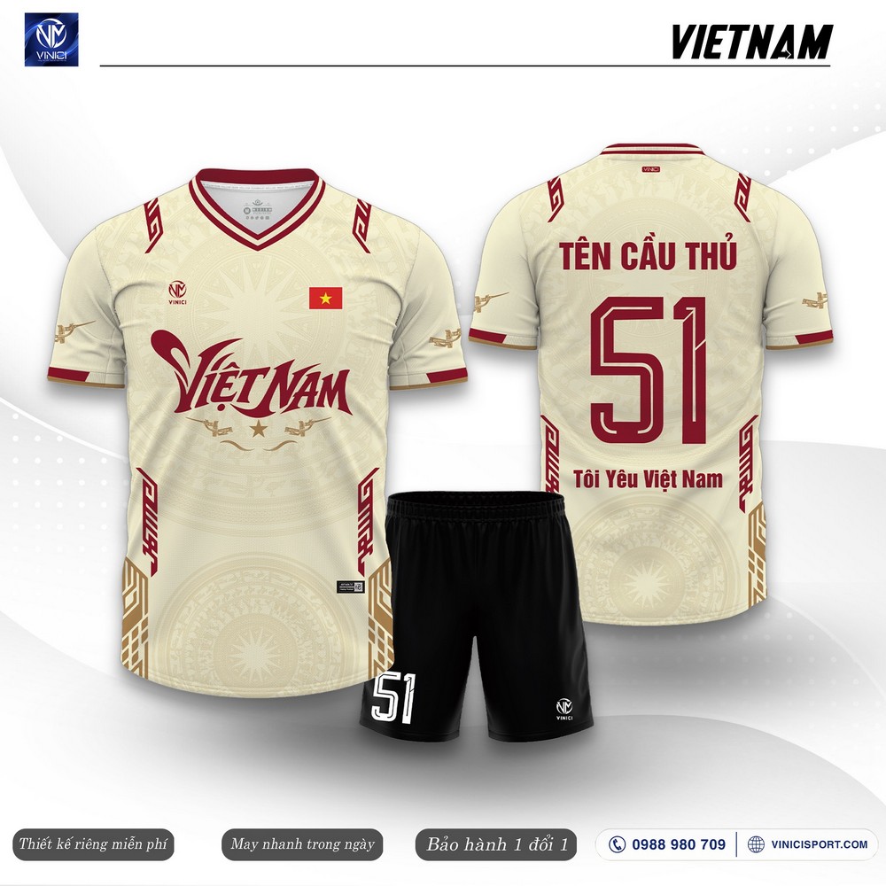 Bộ áo bóng đá Vietnam màu kem phối đỏ thiết kế theo yêu cầu