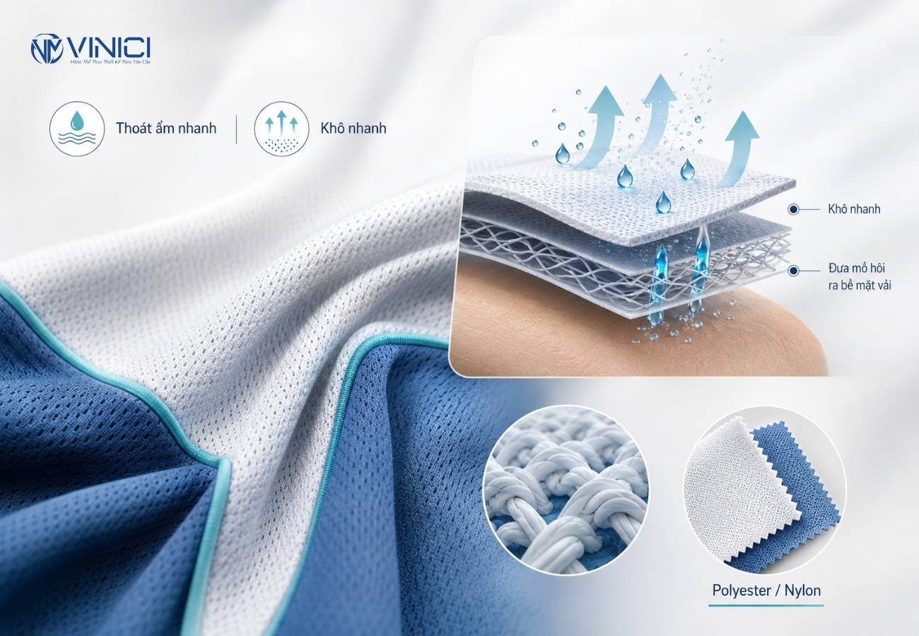Vải Quick Dry thường được làm từ polyester, nylon hoặc các hỗn hợp sợi tổng hợp
